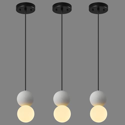 Modern 1-Light Concrete Pendant Light Kitchen Islandceiling Light Fixture White Glass Globe Ball Pendant Lighting for Dining Room Coffee Club Resturant Bar Living Room3-Pack