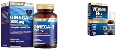 Nutraxin Vitals Omega-3 2000 mg EPA + DHA Balık Yağı içeren Takviye Edici Gıda 60 kapsül + Nutraxin Vitamin B12 Sprey 1000 µg Metilkobalamin, 15 ml