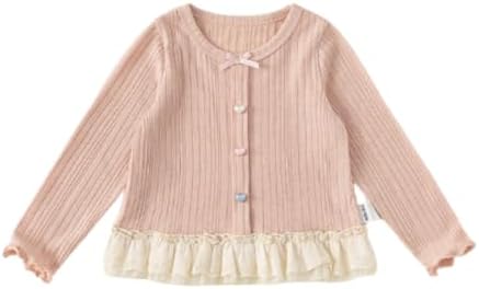 Irsutey Toddler Baby Round Neck Heart Shaped Button Ruffled Hem Bow Detail Long Sleeve T Shirt for Girls