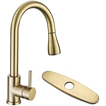 Gold Sink Faucet, Gold Kitchen Faucet with Pull Down Sprayer Stainless Steel Gooseneck for Commercial or Modern Camper RV Farmhouse Bar Sink 3 Hole Brushed Gold Kitchen Faucet and Deck Plate