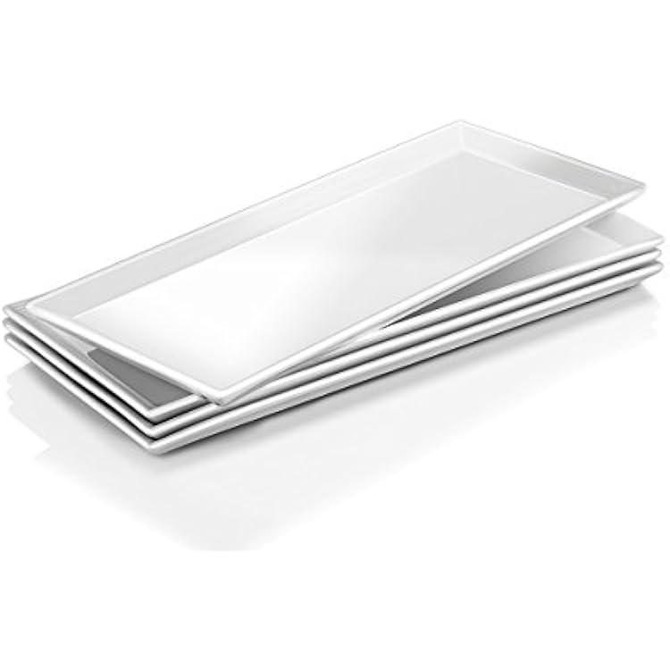 DOWAN 14.5 Rectangular Plates Set of 4 - Long Serving Trays for Sushi, Pasta, Chips, Appetizer, Cake - White Ceramic Rectangle Platter for Party, Restaurant, Banquet - Dishwasher & Oven Safe