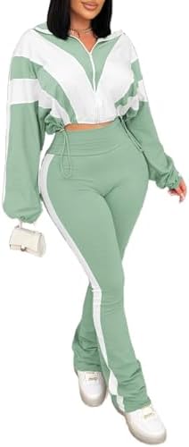 Vssjavun Women 2 Piece Outfit Color Block Long Sleeve Zip Drawstring Cropped Jacket Bodycon Long Pants Set Sweatsuit