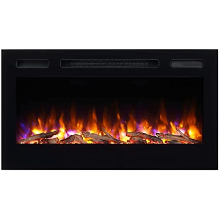 PuraFlame Alice 36 Inches Recessed Electric Fireplace, Flush Mounted for 2 X 6 Stud, Log Set & Crystal, 1500W Heater, Black