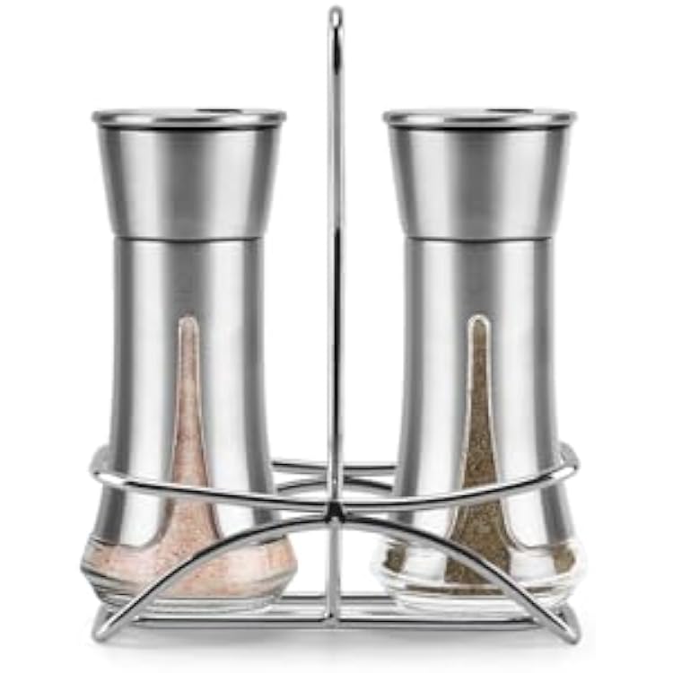 Aelga Salt and Pepper Shakers with Holder, Salt Shaker for the Kitchen with Adjustable Pour Holes for Himalayan, Kosher, and Sea Salts