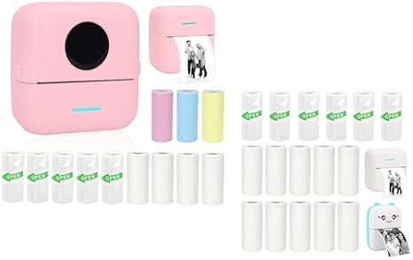 Mini Portable Printer Set + 16 Rolls Thermal Paper Set, Including Sticker/White Plain Paper, Pink