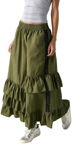 Womens Tiered Ruffled Maxi Skirt High Waist Flowy Nylon Long Skirt with Contrast Lace Trim