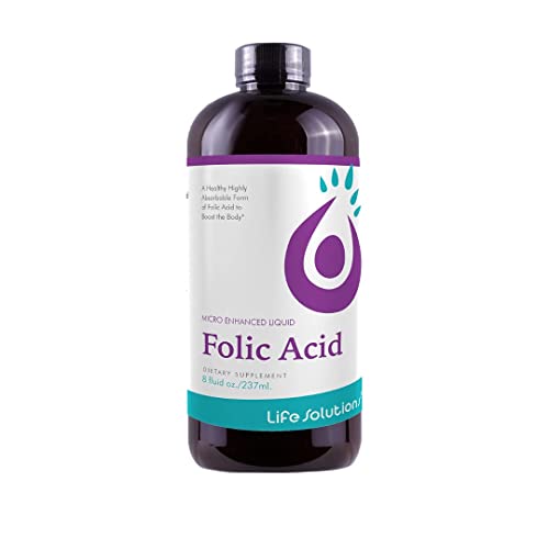 Life Solutions Liquid Folic Acid Supplement 800 mcg Vitamin B9 per Serving Berry Flavor, 8 fl oz Fast Absorption, Prenatal, Heart & Brain Support