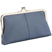 New Vintage Leather Clutch Bag, Women's Evening Bag with Kissing Clasp Zipper Card Slot blue