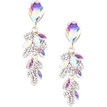 (40695-201) Gold Aurora Borealis Rhinestone Teardrop & Leaf Shaped Dangle Earrings