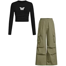 Azmxynol Teen Girls Clothes Rib Knit Ruched Long Sleeve T-Shirt Top + Cargo Jogger Pants 2 Pieces Outfit Set Fall Winter Cool Casual Clothing(15-16T)