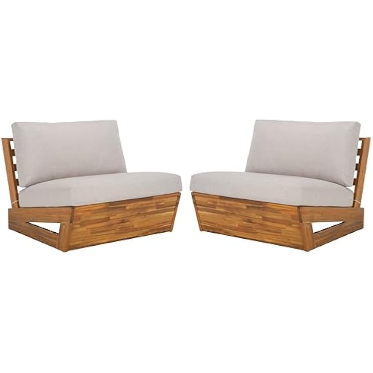 SAFAVIEH Outdoor - Lynn Lounge Chair Set of 2 - Natural & Light Grey - Solid Wood with Cushion - Modern Slatted Lounge Design - Ideal for Patio, Deck, Poolside, Backyard PAT7328B-SET2