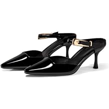 Coutgo Womens High Heels Mules Closed Pointed Toe Kitten Heel Pumps Ankle Buckle Strap Slip On Backless Dress Shoes