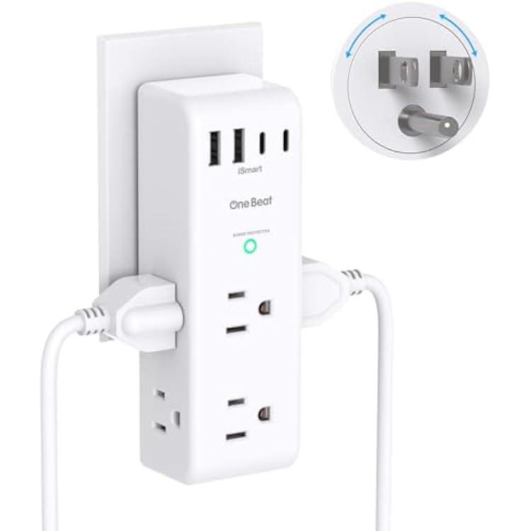 Surge Protector Outlet Extender - with Rotating Plug, 6 AC Multi Plug Outlet with 4 USB Ports 2 USB C, 1800J Wall Charger, 3-Sided Power Strip with Spaced Outlet Splitter for Home, Office, Travel