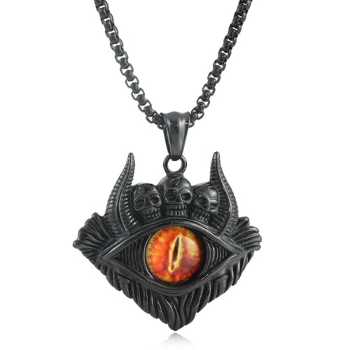 Black Skull Pendant Gothic Protection Evil Eye Demon Bull Horn Skull Medal Pendant Necklace for Men Stainless Steel Skeleton Dragon Eye Necklace Punk Rock Retro Demon Eye Ox Horn Pendant Necklace, 24 inch Box Chain