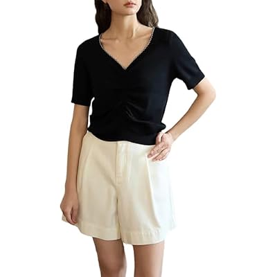 Generic Women's Simple Summer Thin V-Neck Pleated Design T-Shirt Knitted Loose Casual Short-Sleeved Top