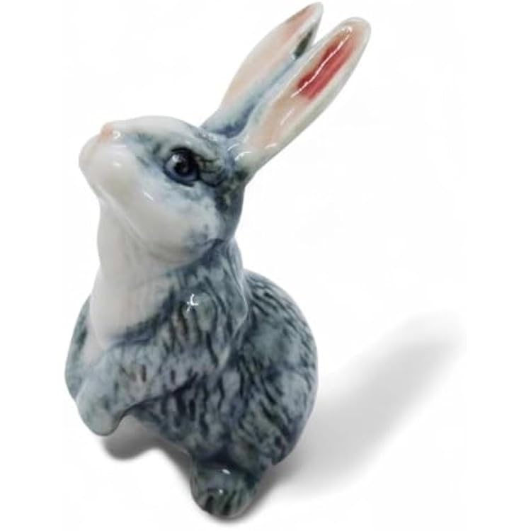 ChangThai Design Tiny 112 Gray White Sitting Rabbit Look Up Figurine Miniature Hand Made Painted Ceramic Cute Bunny Cottontail Rabbits Wild Animal Porcelain Decorative Collectible Figure Decor Gifts