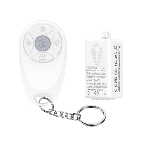Thinkbee Wireless Light Switch and Receiver Kit, Mini Remote Control Switch with 3 Keys & All OnOff Buttons for Ceiling Lights, Lamps, Lighting Fixture, No Wiring No WiFi Needed, 300ft RF Range
