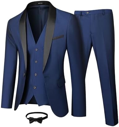 MYS Mens 3 Piece Tuxedo Set with Bow Tie, Shawl Lapel One Button Jacket Vest & Pants, Slim Fit Suit Prom Party Wedding Tux