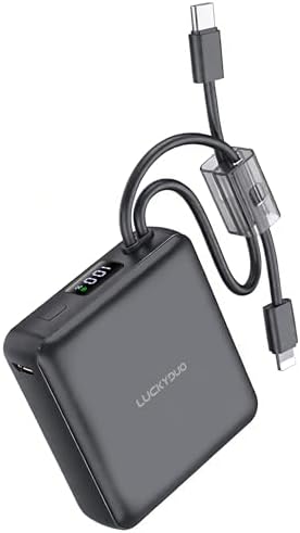 LUCKYDUO Small Portable Charger, Fast charging 22.5W Slim Power Bank 10000mAh with Built-in Cables, LED Display USB-C Mini Battery Pack Travel Essential, Compatible with iPhone, Samsung,Android, White