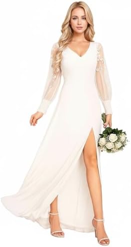 Ever-Pretty Women's V Neck Chiffon Embroidered Tulle Long Sleeves Slit Maxi Wedding Dresses