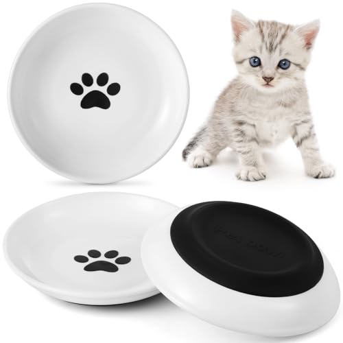 Dorakitten Ceramic Cat Bowls 3 Pack, No Whisker Fatigue Wide Shallow Cat Dishes with Non-Slip Silicone Bottom, Pet Food & Water Plates, 5.9 Inches Diameter