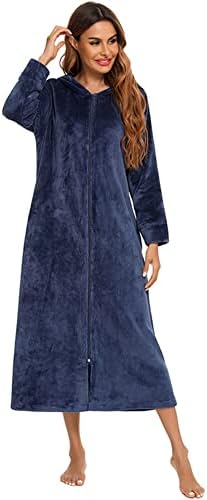 Fleece Robes for Women Hooded Plush Long Bathrobe Warm House Robe Sleepwear with Pockets Zipper Front