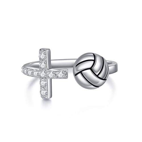 MONGAS Cross Volleyball Ring Sterling Silver Cross Ring Volleyball Jewelry Sport Gifts for Women