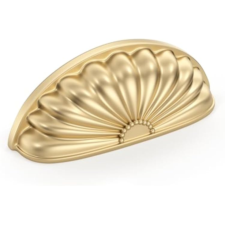 Goldenwarm 6 Pack Gold Cabinet Handles Drawer Pulls Finger Edge Pull for Half Moon Cup Luxury Hardware 3 Hole Center Brushed Brass Knobs