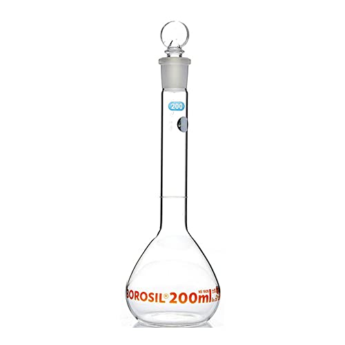 5647020D Borosil Flasks, Volumetric, Class A, WM, Clear, Glass St., 200mL, 19/26, Ind. Cert, 10/Cs, .052Gallons, Degree C, Borosilicate Glass, (Pack of 10)
