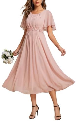 Ever-Pretty Womens Round Neck Short Sleeves Formal Dresses Appliques A-line Chiffon Midi Mother of Bride Dress 02961
