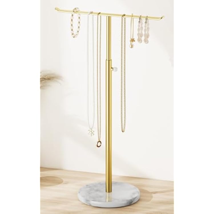 Gold Necklace Holder Jewelry Organizer Stand Adjustable Height TBar Jewelry Display with White Marble Base, Necklace & Bracelet Holder, Countertop Jewelry Stand