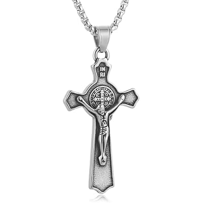 HZMAN Religion Stainless Steel Saint St St. Benedict Crucifix Cross Pendants Necklace INRI