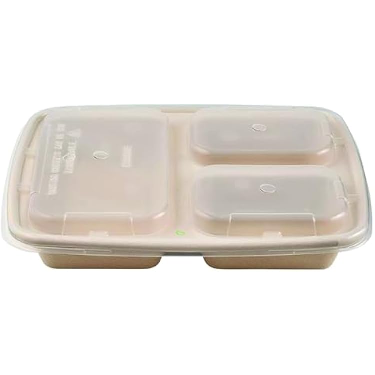 [50 Pack] 36 oz 3 Compartment Compostable Food Storage Container with Lids - Biodegradable, Sugarcane, Plant Fiber, Heavy Duty, Microwavable, Tree Free, Ecofriendly, Lunch Trays, Meal Prep, Bento