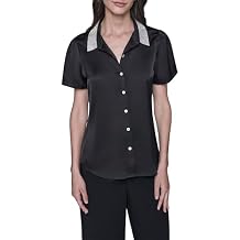 Karl Lagerfeld Women's Short Sleeve Collared Neck Crystal Collar Elevated Button Down