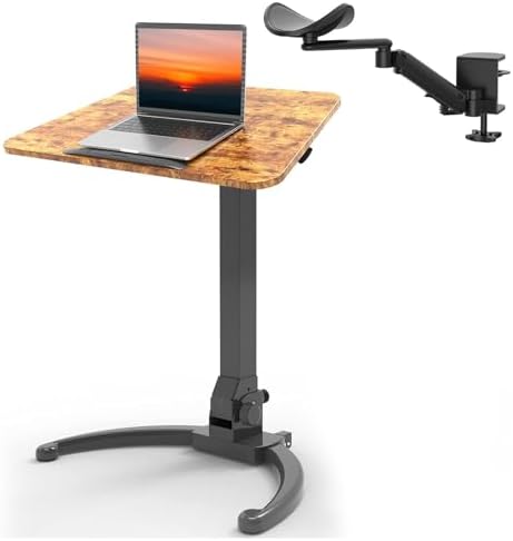 JOY worker Foldable Mobile Standing Desk, Height Adjustable Sit Stand Desk, 90 Tiltable Rolling Laptop Table with Universal Clamp-on Adjustable Arm Rest