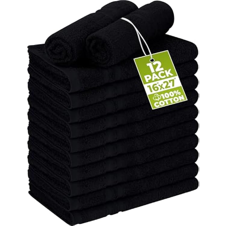 Utopia Towels Cotton Bleach Proof Salon Towel 16 by 27 inches, Bleach Safe 100% Cotton Hand Towel for Gym, 12 Pack, Black