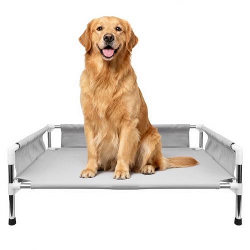 Makerfire Elevated Dog Bed, Raised Dog Sofa Bed for Medium Dogs, Detachable Cooling IndoorOutdoor Pet Cot with Non-Slip Feet, Polyester Cotton 33L x 26.5W x 11.6H