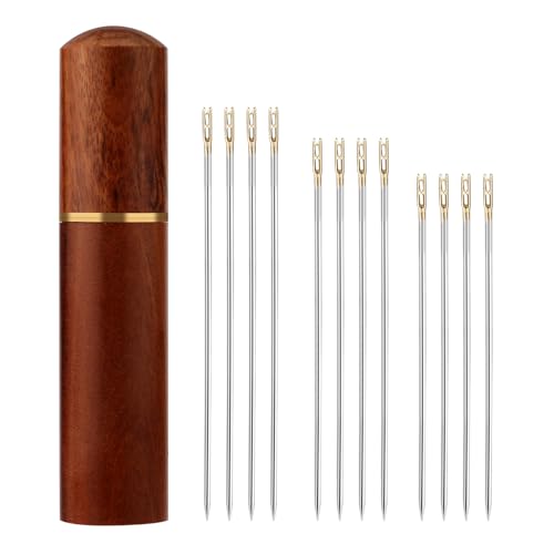 12pcs Self Threading Needles, 3 Sizes Top Hanging Needles Embroidery Blind Needles Kit with Sandalwood Needle Box Hand Yarn Knitting Stitching Needles for DIY Embroidery Mending Sewing Projects Gold