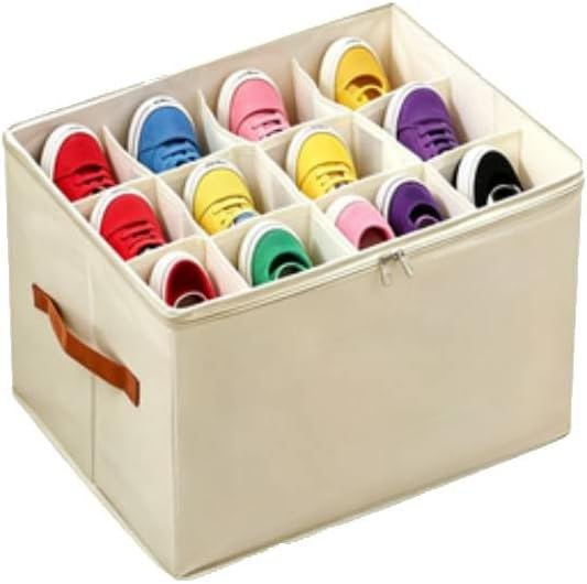 Gray Foldable Shoe Storage Bin Clear Window Stackable 12 Pairs (1 Set Beige)