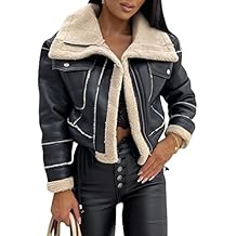 Yoawdats Women's Faux Leather Jacket with Faux Fur Plush Collar Thicken Warm Long Sleeve Parka Cardigan with Belt Outwear