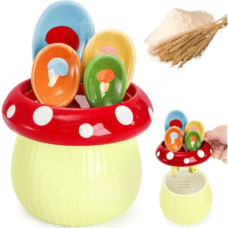 Coloch 5 Pcs Ceramic Measuring Spoons with Base, Mushroom Shape Baking Measuring Spoons and Cup Decorative Cute Cooking Spoons Set for Dry and Wet Ingredients, 14, 12, 1 tsp, 1 Tbsp