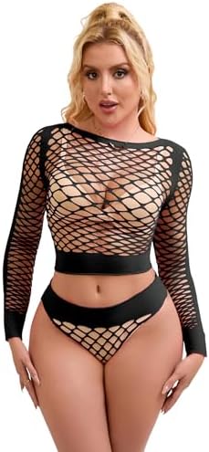 ohmydear Women Sexy Mesh Lingerie Fishnet Tops Bodysuit Plus Size Shirts Long Sleeve Two Piece Outfits