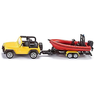 Siku 1658, Jeep with Boat, MetalPlastic, YellowRed, Removable Trailer, Floatable Boat