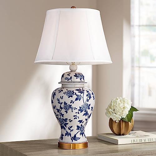 Barnes and Ivy Traditional Asian Chinese Style Table Lamp 25 High Crackle Ceramic Blue White Temple Jar Bell Shade Cottage Core Decor for Living Room Bedroom House Bedside Nightstand Home Office