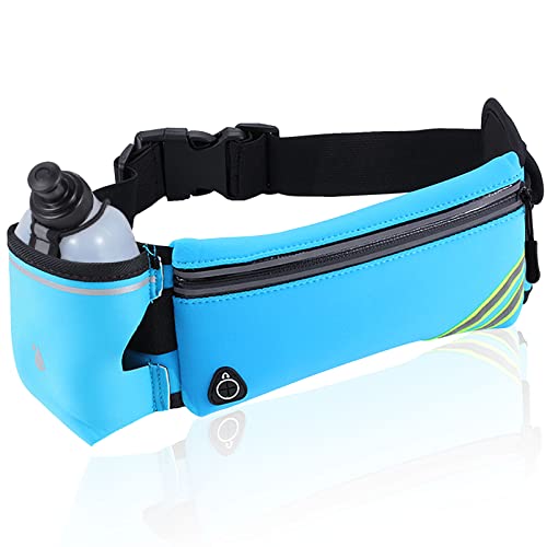 Running Belt Bag with Water Bottle,Waterproof Fanny Pack for Women Men,Waist Bag Fit Hiking Cycling Walking Workout Jogging Runners Pouch Phone iPhone 17 16 15 14 13 12 11 Pro Max Xs Xr X 8 Plus Blue