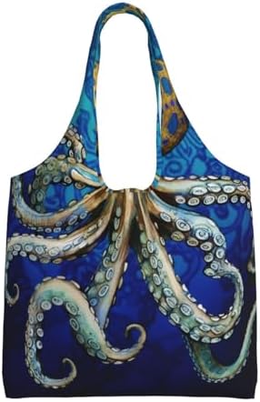 MELPHI Blue Ringed Octopus Printed One-Shoulder Commuting Canvas Bag Is Light, Durable And Multifunctional