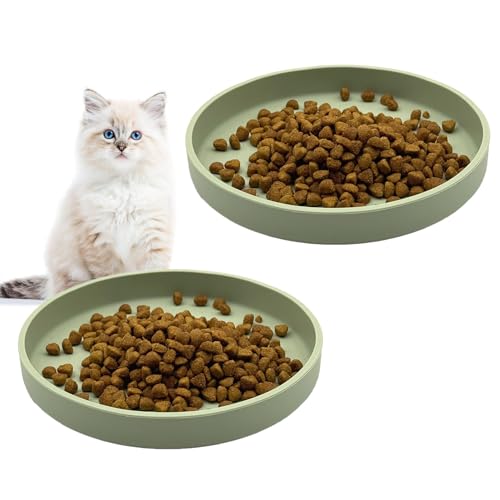 Silicone Cat Bowl, Shallow Relief Whisker Fatigue Cats Food Bowls Non-Slip Kitten Dish Plates for Dry and Wet Food 2 Pcs 7 Across x 0.98 Tall Pet Feeding Bowl2PCS-Green