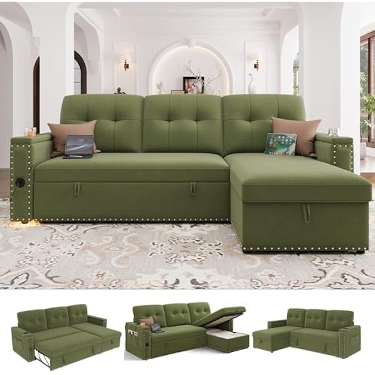 HIFIT Sleeper Sofa Bed- 81 L Shaped Pull Out Couches for Living Room with Storage Chaise, Storage Armrest, LED Light&USB Port&Cupholder, Modern Velvet Sectional Home Sofa Living Room Furniture, Green