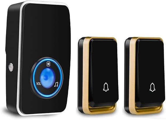 No Battery RequiredWireless Doorbell Waterproof, AURTEC Door Chime Kit with 1 Plug-in LED Flash Receivers & 2 Press Self-powered Transmitter, 51 Chimes and 4 Volume Levels, Black