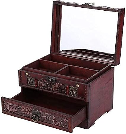 Brokimis Wooden Jewelry Box with Mirror Classical Wood Jewlery Storage Box | Jewelery Case Holder Jewellery Chest Organizer with Drawer Mom Gifts Mothers Day Gift for Women Girls Ring Necklace Earring